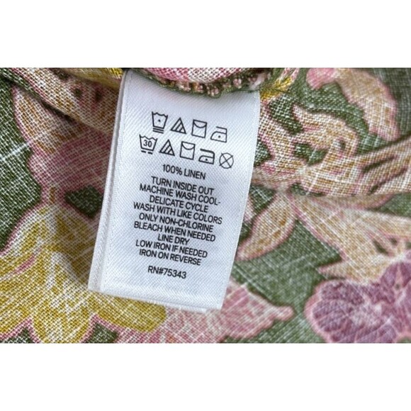 Cynthia Rowley 100% Linen European Flax Green Pink Floral Side Slits Blouse 2X - Picture 8 of 8